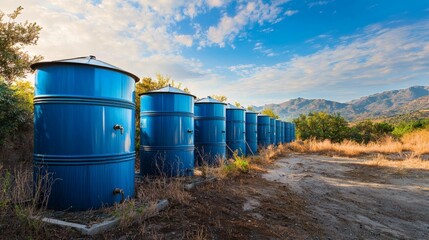 A schoolyard with large blue water storage tanks collecting rainwater, ensuring a sustainable water source, side copy space