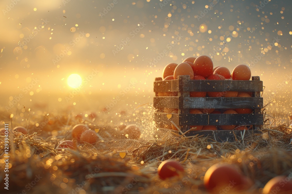 Poster a rustic wooden crate filled with oranges sits in a sunlit field, surrounded by scattered fruits and