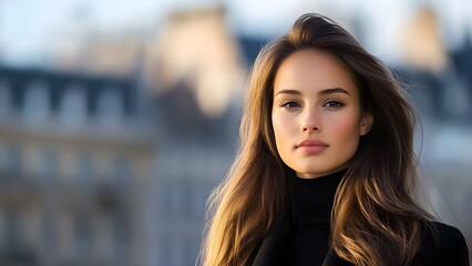 Obraz premium A woman with long, flowing hair stands outdoors, wearing a black turtleneck, with a soft background of blurred architecture. Concept Outdoor Fashion Photography, Elegant Portrait