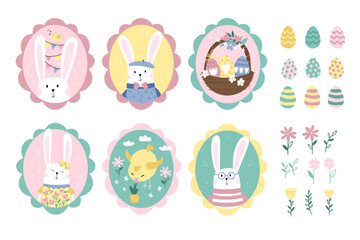 Fun hand drawn Easter Elements, vintage style bunnies in cute frames, great for stickers, cards, labels - vector design
