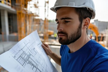 An engineer carefully studies architectural blueprints at a construction site, showcasing the meticulous planning and expertise required for successful building projects.