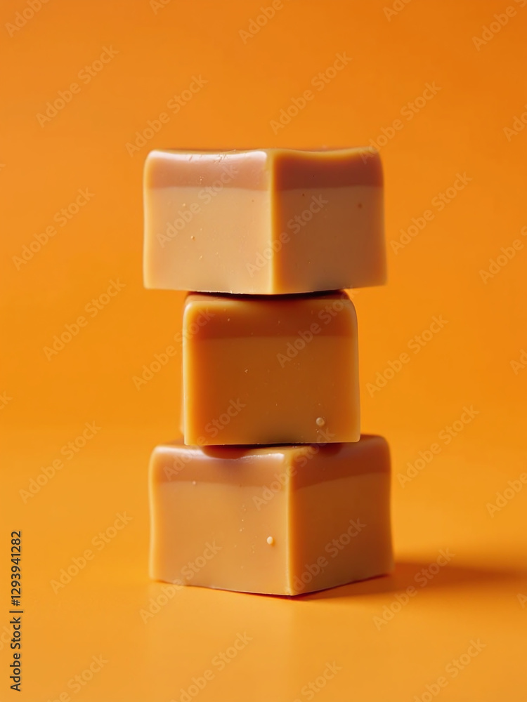 Poster Three Caramel Cubes Are Stacked Vertically On A Vibrant Orange Background Creating A Colorful And Visually Appealing Treat Arrangement.