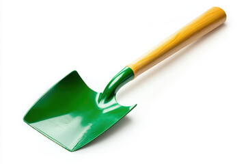 Green shovel with wooden handle for gardening tasks on white background