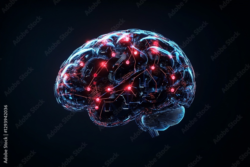 Poster a luminous digital brain sculpted from translucent glass, intertwined with vivid neon energy threads