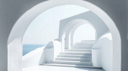 White arched stairway overlooking sea; architectural design; serene; minimalist; inspirational; travel; vacation; stock