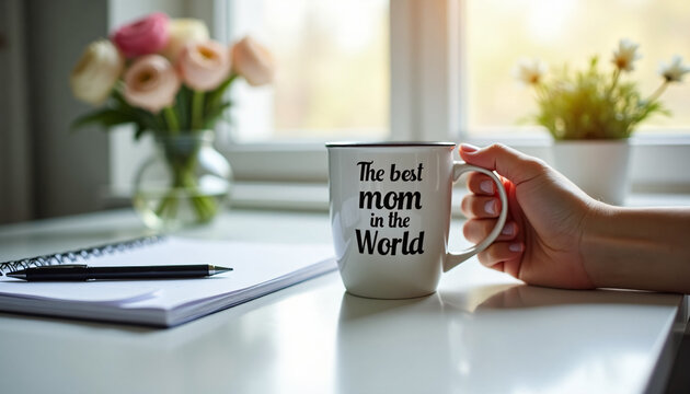 Hand holding a mug with a quote for the best mom in the world on a cozy work desk