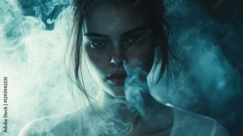 Poster A woman enveloped in soft, swirling smoke gazes intensely towards the viewer, creating an enigmatic and dreamlike atmosphere during twilight hours