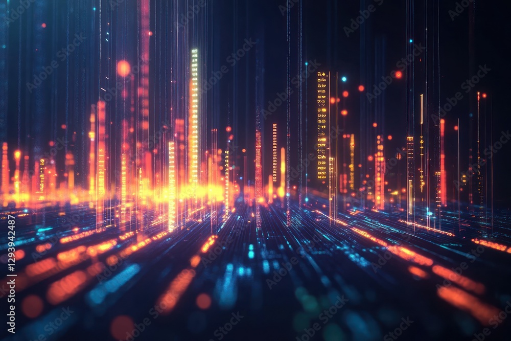 Poster vibrant digital landscape with colorful light trails and data elements in a dark environment