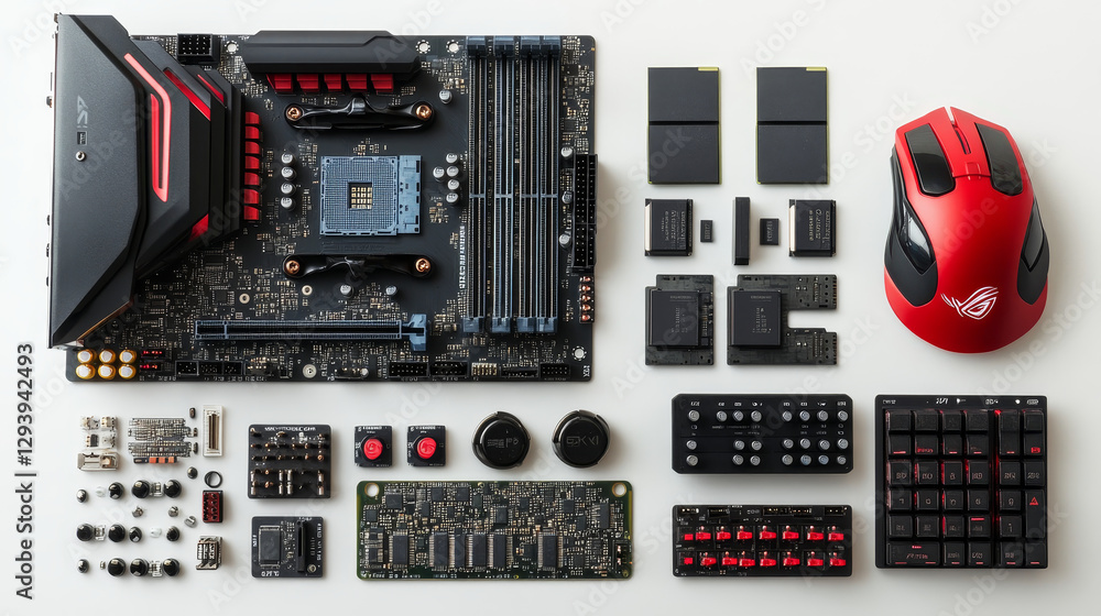 Poster computer accessories vector pc equipment motherboard memory and keyboard illustration computing set 