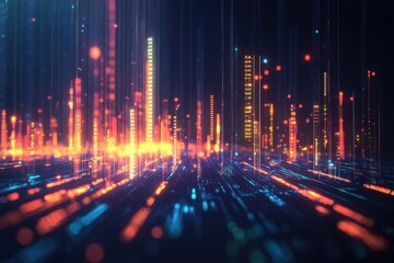 Vibrant Digital Landscape with Colorful Light Trails and Data Elements in a Dark Environment