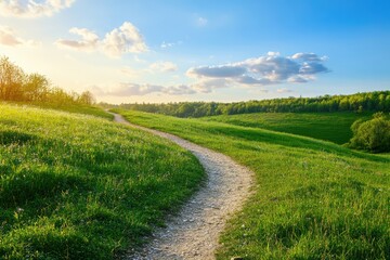 Obraz premium Picturesque winding trail through vibrant green meadow at dawn with backdrop of clear blue sky and fluffy clouds, perfect for nature enthusiasts seeking tranquil outdoor scenes