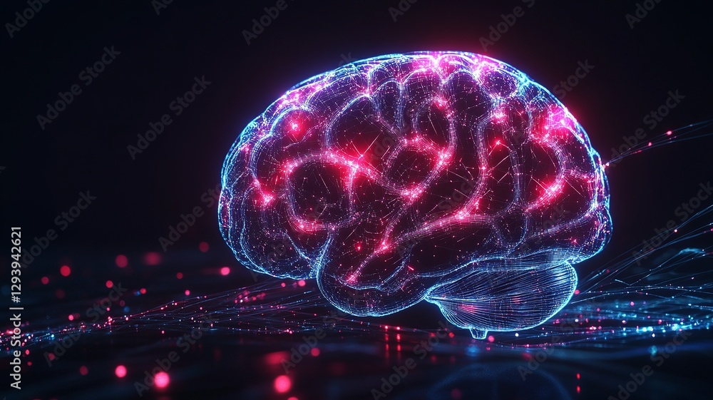 Poster a luminous digital brain sculpted from translucent glass, intertwined with vivid neon energy threads