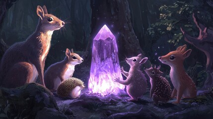 A group of adorable forest animals gather around a glowing purple crystal in a mystical forest setting.