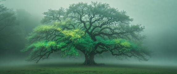 A grand and sprawling tree dominates a misty landscape, its leaves displaying vivid shades of green. The tranquil environment enhances its majestic presence, creating a peaceful atmosphere