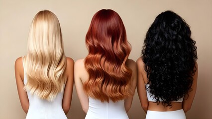 Fototapeta premium Three women with long, wavy hair in different colors: blonde, red, and black, standing side by side against a neutral background. Concept Diverse Hair Colors, Long Wavy Hairstyles, Sisterly Bond