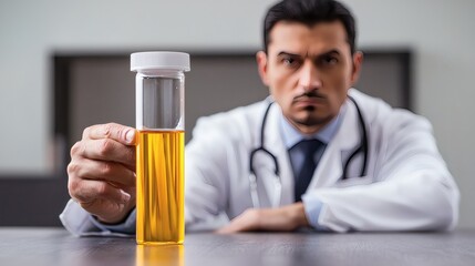 A doctor showing a test tube filled with infected water, warning about unclean sources, isolated object, copy space on the right.