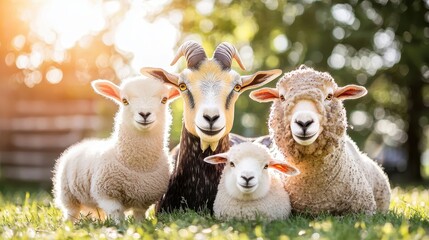 Fototapeta premium Four sheep and a ram pose together in a sunny, green field, showcasing their woolly coats and playful expressions.