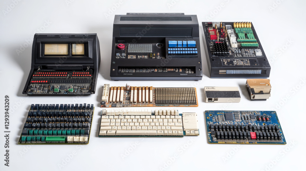 Poster computer accessories vector pc equipment motherboard memory and keyboard illustration computing set 