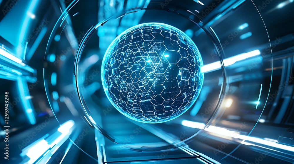 Poster abstract sphere of light in a futuristic tunnel with glowing neon
