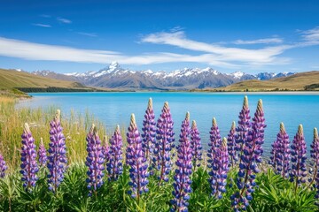 Fototapeta premium Lupins blossoming beside tranquil lake on bright spring day in tekapo, new zealand for nature lovers and travel enthusiasts