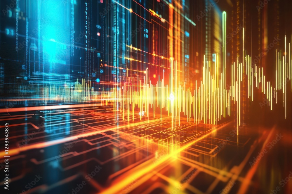 Poster abstract digital visualization of sound waves and data flow with vibrant neon colors