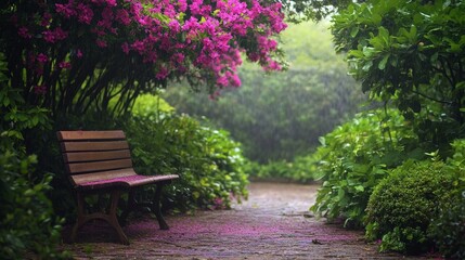 Obraz premium Rainy Garden Scene with Pink Blossoms and a Wooden Bench