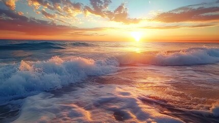 Fototapeta premium A mesmerizing sunset over the ocean with waves crashing gently on the shore creating a beautiful scene
