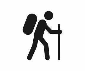 Hiking icon depicting a person with a backpack and trekking poles.