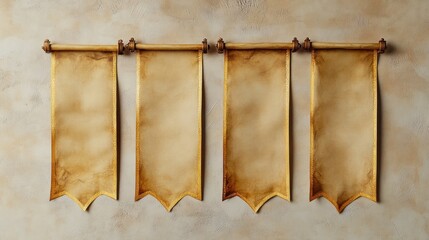 Five blank parchment scrolls hanging, beige background, medieval design, website template