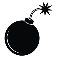 black bomb icon, simple graphic design, round explosive, lit fuse, stylized star burst, minimalist illustration, high contrast, vector art, solid shapes, cartoon bomb symbol, retro comic style, black 