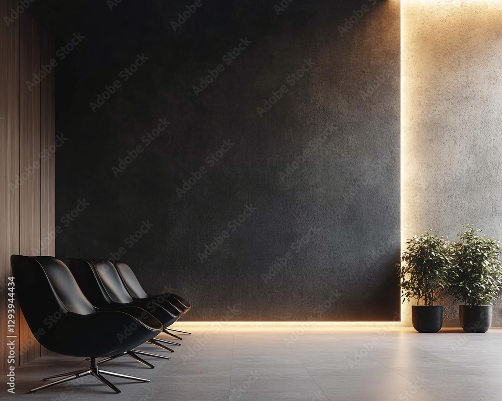 Poster modern minimalist interior featuring sleek black chairs with ambient lighting against a textured wal