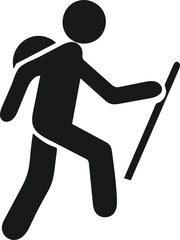 Simple black and white icon depicting a person hiking, complete with a backpack and trekking poles.