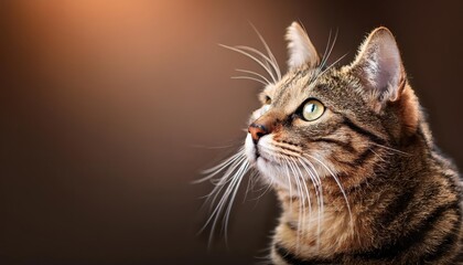 Closeup of a Tabby Cat with Expressive Eyes Looking Upward, Showcasing Soft Fur Textures and Warm Amber Hues in a Cozy Indoor Setting, Evoking Warmth and Companionship.