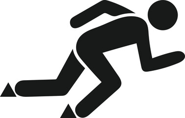A basic, black silhouette graphic of a person running, with simplified body and leg shapes, and small triangular symbols representing the feet's contact with the ground.