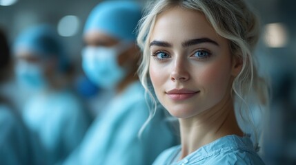 Obraz premium Confident doctor in hospital, surgical team background