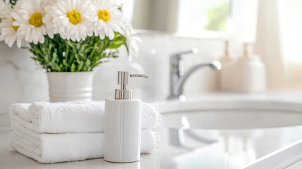 Modern Bathroom Interior Design with White Towels and Flowers