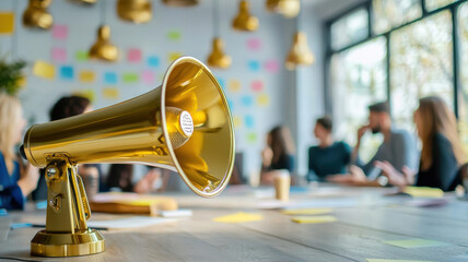 golden megaphone in brainstorming session with team