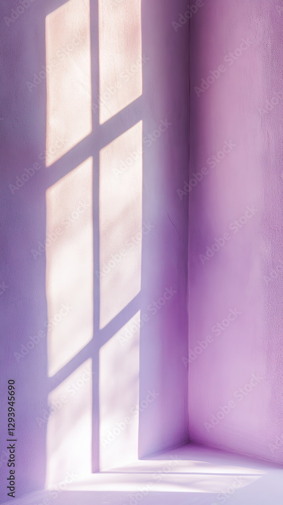 Poster diffuse sunlight streaming through an open window, casting soft shadows on a pale lavender wall. min