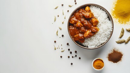 Fototapeta premium Bowl of chicken curry and rice surrounded by spices