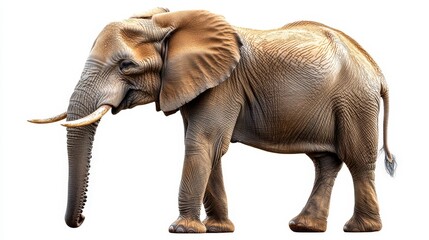 Fototapeta premium A majestic, medium-sized elephant with a thick trunk and prominent tusks emerges against the backdrop. Its light-brown, wrinkled hide adds to its timeless elegance as it majestically maneuvers through