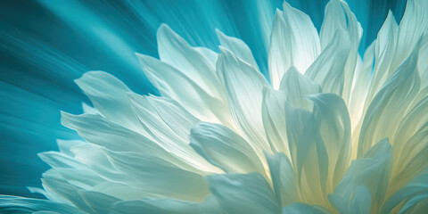 Obraz premium Radiant white dahlia flower illuminated against a soft turquoise background capturing its delicate blooming petals