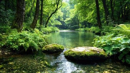 Obraz premium Calm river flowing through lush green forest (9)