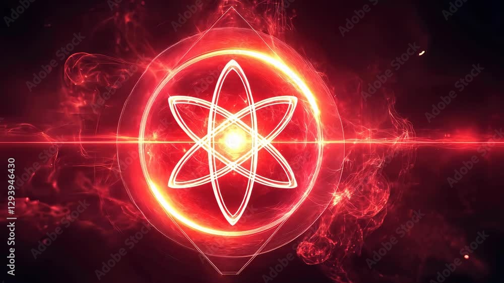 Poster geometric and mathematical symmetric and spherical atomic cloud with a red glow from.