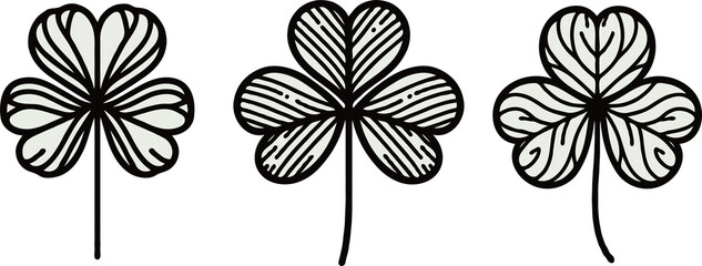 Illustrator Artwork, Hand Drawn Vintage Sketch Drawing, green leaves Line Art, Plants Collection branches Floral elements, set of Botanical Illustration Outline four leaf clover, Black And White leave