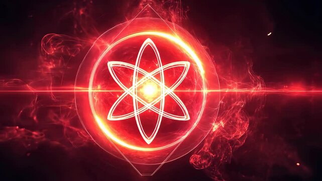 Geometric and mathematical symmetric and spherical atomic cloud with a red glow from.