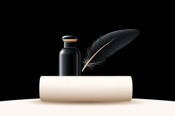 Writing materials arranged on table displaying bottle of ink and quill pen. World Poetry Day concept