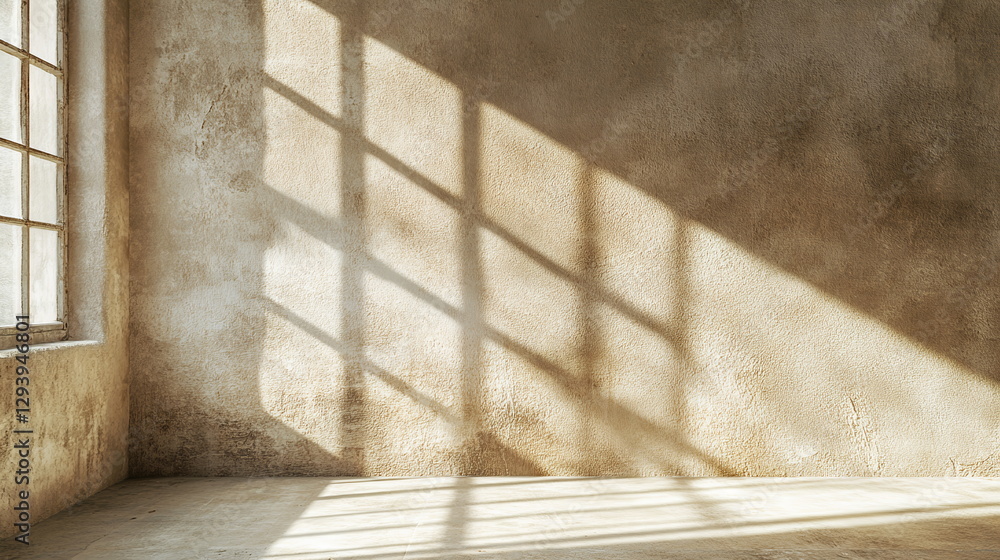 Poster geometric window shadow across a textured, light brown wall. subtle play of light in an empty space 
