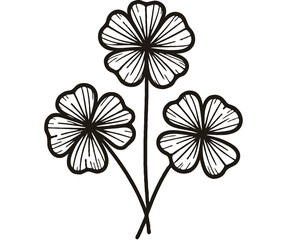 Illustrator Artwork, Hand Drawn Vintage Sketch Drawing, green leaves Line Art, Plants Collection branches Floral elements, set of Botanical Illustration Outline four leaf clover, Black And White leave
