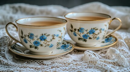Fototapeta premium Two teacups with floral design on lace tablecloth