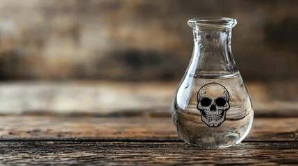 A water droplet with a skull symbol inside, minimalist warning about toxic water, copy space on the left.